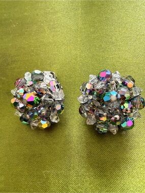 Iridescent Crystal Cluster Clip-On Earrings - Multicolor